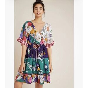 Anthropologie Nettie Tiered Floral Wrap Ruffle Boho Dress Patchwork Small